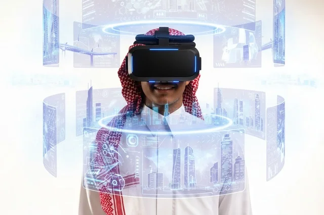 رجل سعودي بالزي التقليدي يرتدي نظارة واقع افتراضي