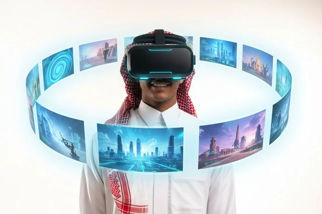 رجل سعودي يرتدي نظارة واقع افتراضي مع شاشات هولوغرام