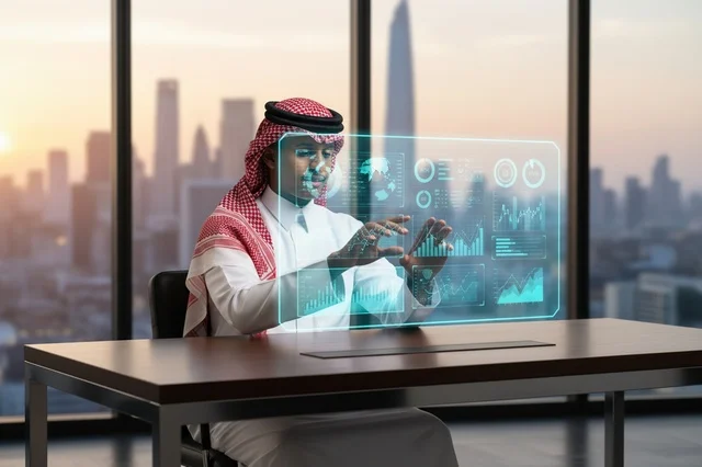 رجل أعمال سعودي يتفاعل مع شاشة هولوغرام ذكية بالمكتب