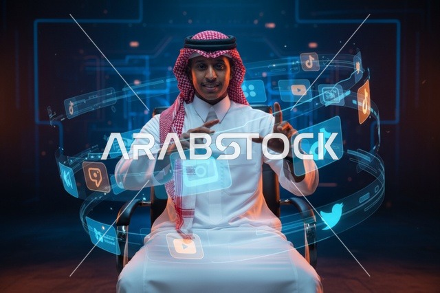 رجل سعودي بالثوب يتفاعل مع أيقونات التواصل الاجتماعي