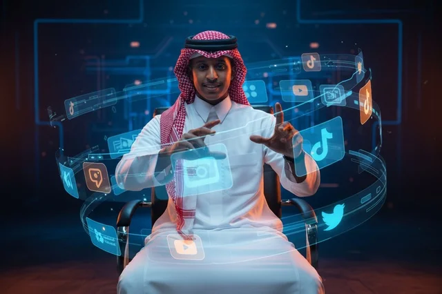 رجل سعودي بالثوب يتفاعل مع أيقونات التواصل الاجتماعي