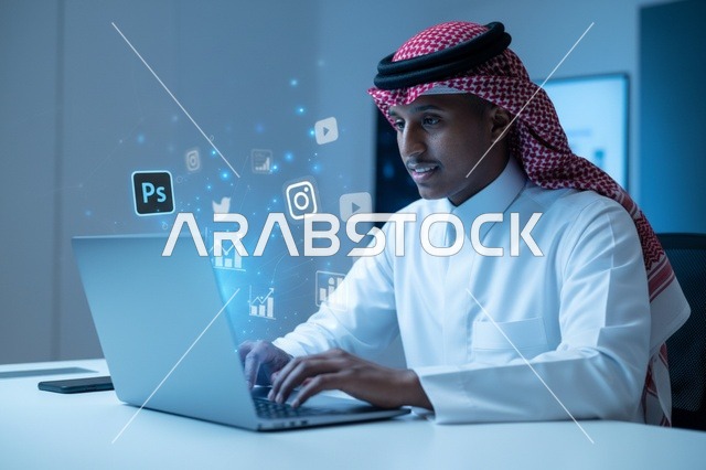 رجل أعمال سعودي يعمل على الكمبيوتر المحمول مع أيقونات رقمية
