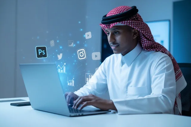 رجل أعمال سعودي يعمل على الكمبيوتر المحمول مع أيقونات رقمية