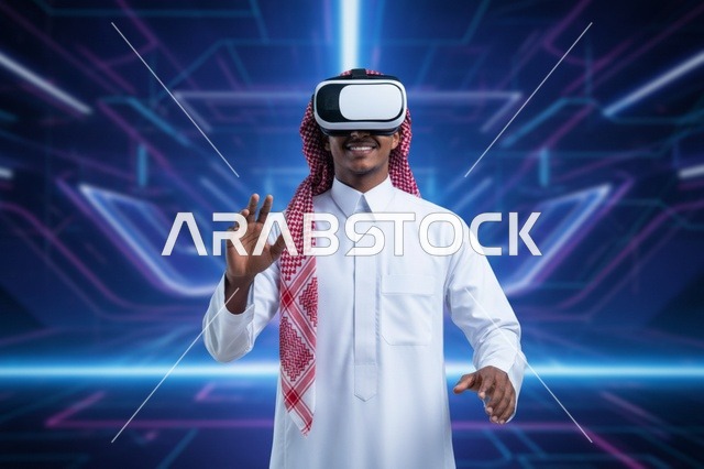 رجل سعودي بالثوب التقليدي يرتدي نظارة واقع افتراضي