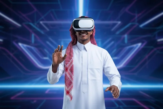 رجل سعودي بالثوب التقليدي يرتدي نظارة واقع افتراضي