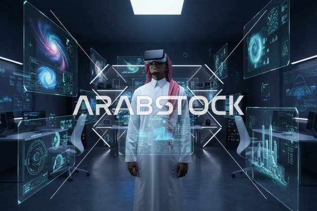 Saudi Man in VR Headset in Futuristic Control Room
