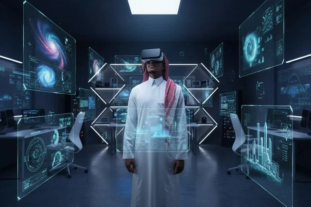 رجل سعودي بنظارة واقع افتراضي في غرفة تحكم مستقبلية