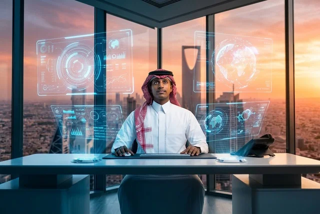 Saudi Businessman in Futuristic Riyadh Office at Sunset