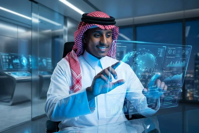 رجل أعمال سعودي يتفاعل مع شاشة هولوغرام تفاعلية