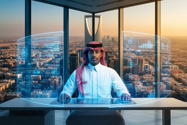 رجل أعمال سعودي في مكتب هولوغرام مستقبلي في الرياض