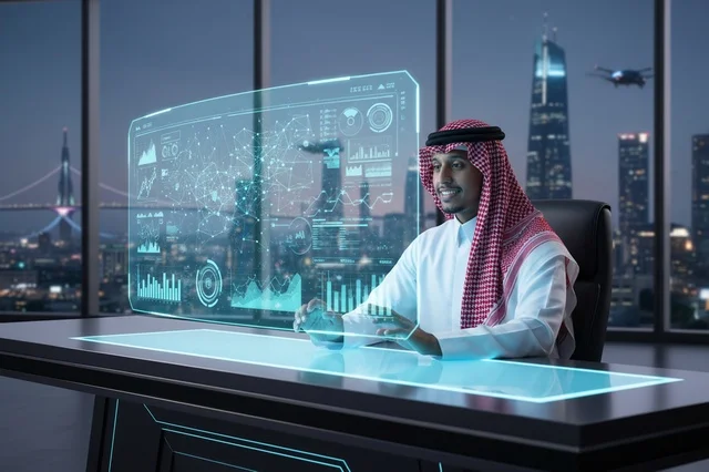 رجل أعمال سعودي مع شاشة هولوغرام ذكية في مكتب مستقبلي