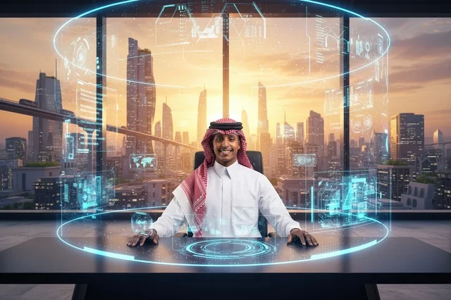 رجل أعمال سعودي في مكتب ذكي مع شاشات هولوجرام تفاعلية