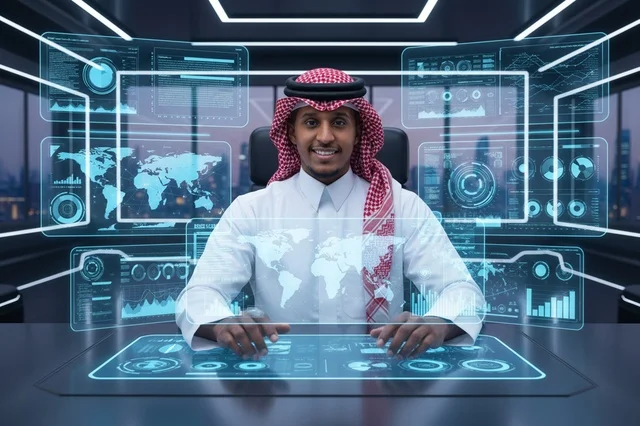 Saudi Businessman with Futuristic Holographic Screens