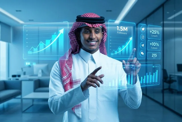 Saudi Businessman Interacting with Futuristic Holograms