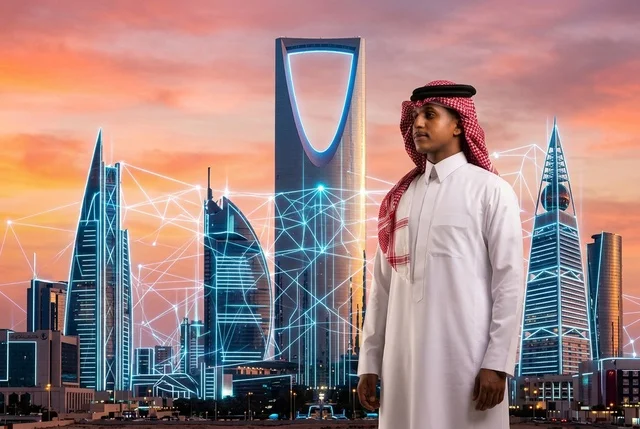 رجل سعودي بالثوب التقليدي أمام أفق مدينة الرياض الرقمي