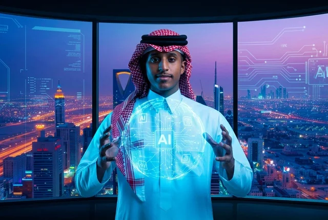 شاب سعودي يمسك بهولوغرام ذكاء اصطناعي فوق أفق الرياض