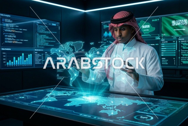 رجل سعودي يتفاعل مع خريطة هولوجرام ثلاثية الأبعاد