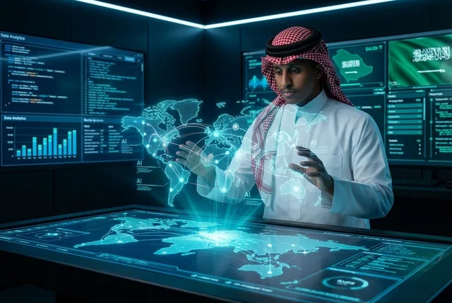 رجل سعودي يتفاعل مع خريطة هولوجرام ثلاثية الأبعاد