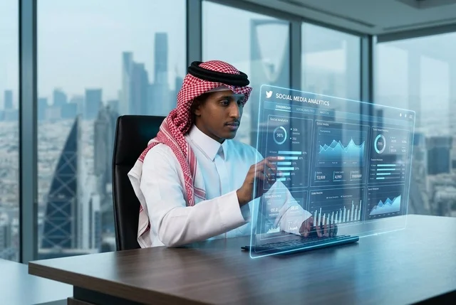 رجل أعمال سعودي في مكتب بالرياض يحلل بيانات هولوجرام