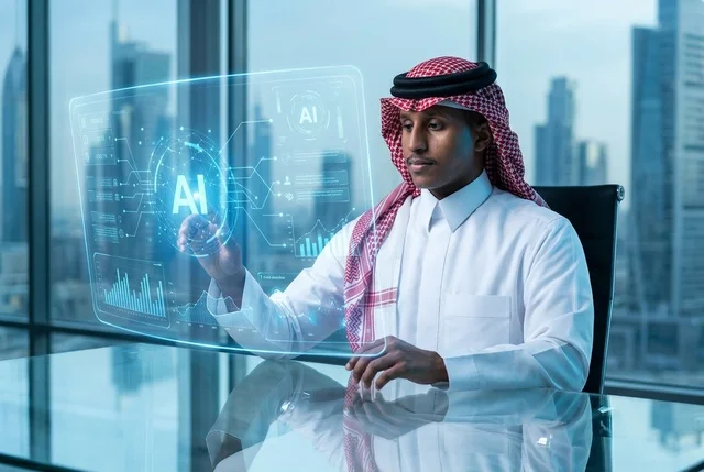 رجل أعمال سعودي يتفاعل مع شاشة ذكاء اصطناعي في مكتبه