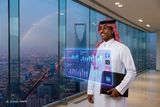 رجل أعمال سعودي في مكتب بالرياض مع شاشة هولوغرام ذكية