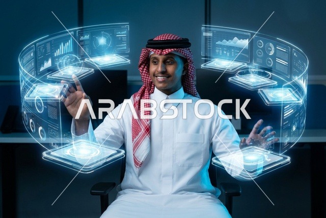 رجل سعودي يرتدي الثوب والشماغ يتفاعل مع شاشات هولوجرام رقمية