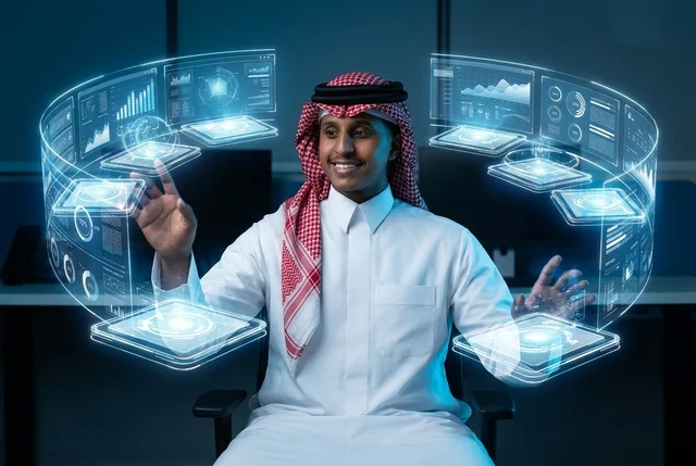 رجل سعودي يرتدي الثوب والشماغ يتفاعل مع شاشات هولوجرام رقمية