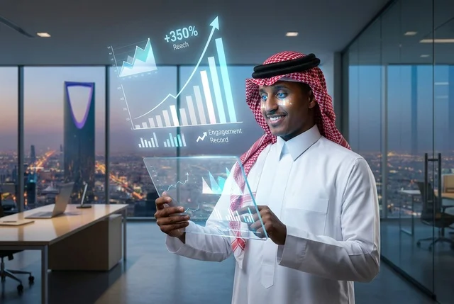 رجل أعمال سعودي في مكتب بالرياض مع تابلت هولوغرافي
