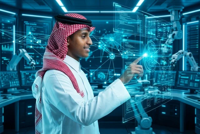 رجل سعودي يتفاعل مع شاشة هولوغرام رقمية ثلاثية الأبعاد