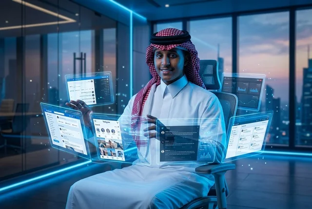 رجل أعمال سعودي يتفاعل مع شاشات هولوغرام رقمية في مكتبه