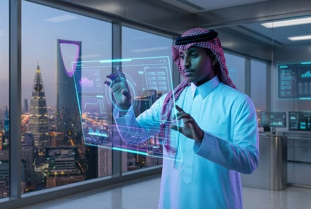 Saudi Businessman with Hologram Screen in Riyadh Office