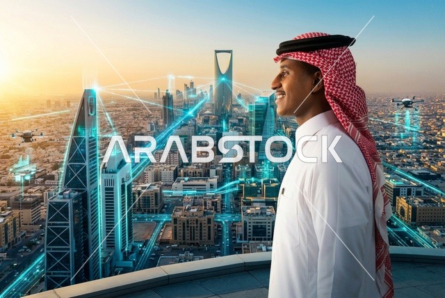 رجل سعودي ينظر إلى أفق مدينة الرياض الذكية والمستقبلية
