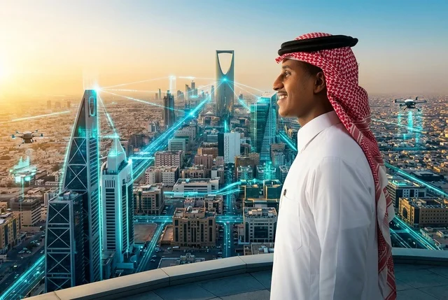 Saudi Man Looking at Riyadh Futuristic Smart City Skyline