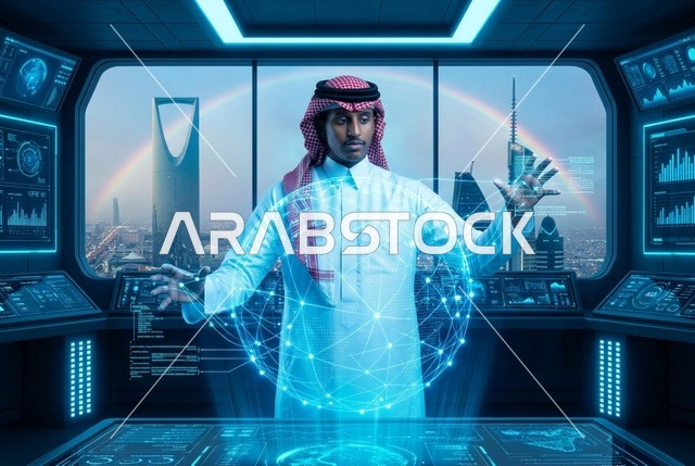 رجل سعودي في غرفة تحكم مستقبلية بالرياض مع هولوغرام