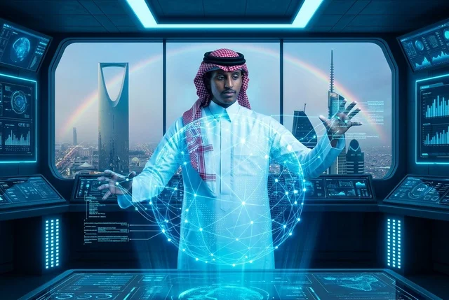 رجل سعودي في غرفة تحكم مستقبلية بالرياض مع هولوغرام