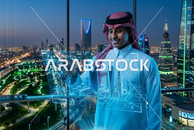 رجل سعودي مع هولوغرام الرياض التقني