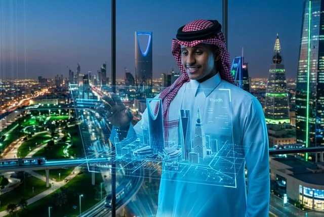 رجل سعودي مع هولوغرام الرياض التقني