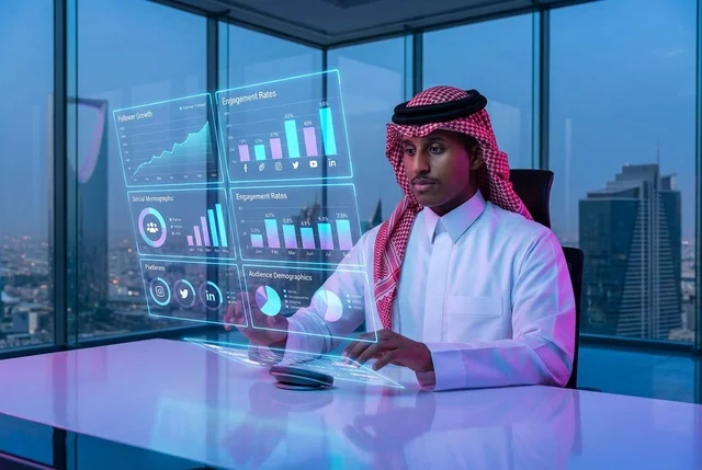 رجل أعمال سعودي في مكتب بالرياض مع هولوغرام