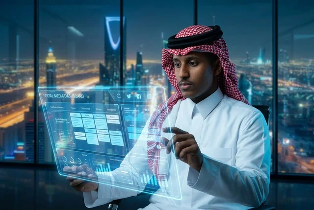 رجل أعمال سعودي مع شاشة هولوغرام في الرياض ليلاً