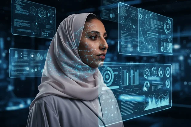 امرأة إماراتية تستخدم تقنية الهولوجرام للمسح الحيوي للوجه