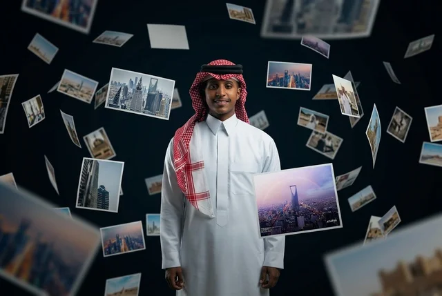 رجل سعودي بالزي التقليدي محاط بصور عائمة لمعالم المملكة