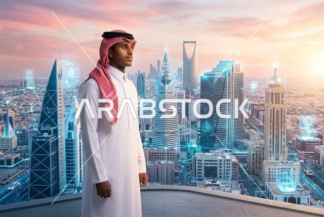 رجل سعودي يرتدي الثوب التقليدي أمام أفق مدينة الرياض