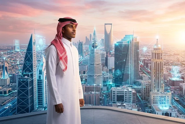 رجل سعودي يرتدي الثوب التقليدي أمام أفق مدينة الرياض