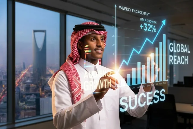 رجل أعمال سعودي في مكتب بالرياض مع مخطط هولوغرافي
