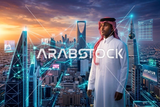 رجل سعودي بالزي التقليدي مع أفق الرياض الرقمي