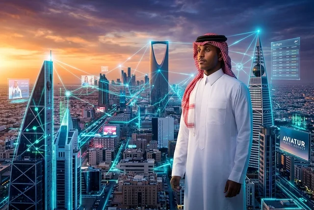Saudi Man in Thobe with Riyadh Futuristic Skyline