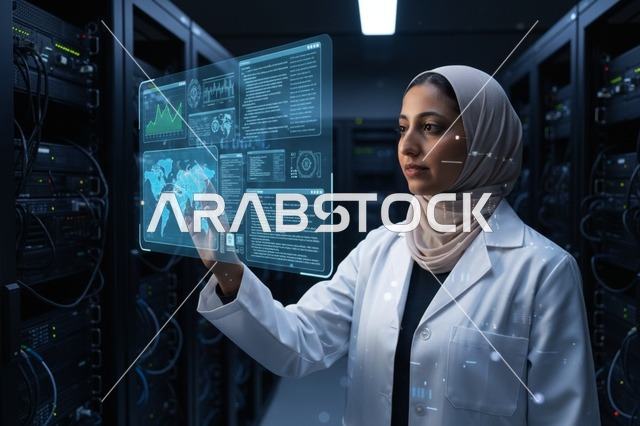 مهندسة شبكات سعودية تتفاعل مع شاشة هولوغرافية
