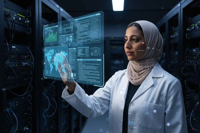 Saudi Female Engineer Working in Futuristic Server Room