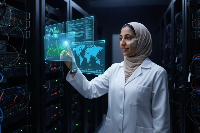 أخصائية تقنية معلومات عربية بحجاب مع واجهة افتراضية