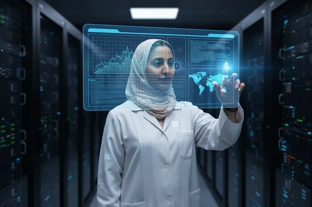 أخصائية تقنية سعودية تتفاعل مع هولوغرام في غرفة الخوادم